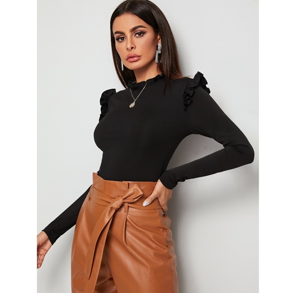 Rouge! Tops - Ruffle Detail Black Long Sleeve Shirt